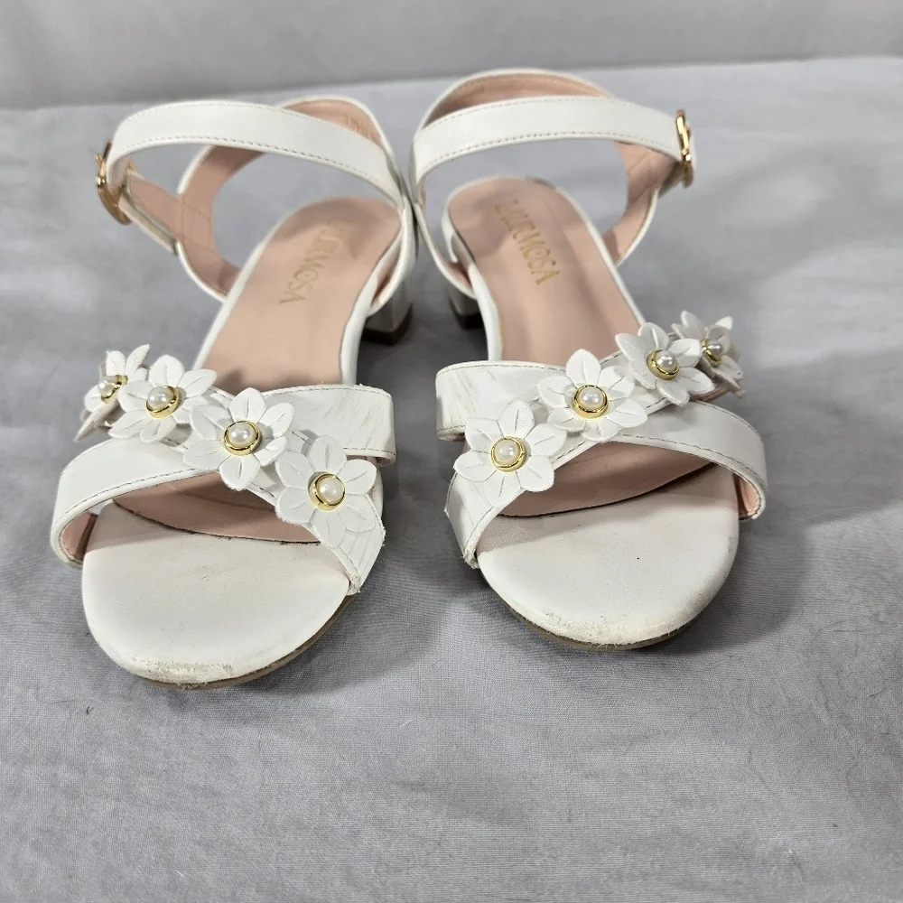 Laurmosa Girls' Open-Toe Floral Sandals with Ankle Strap Size 1 White Faux Pearl